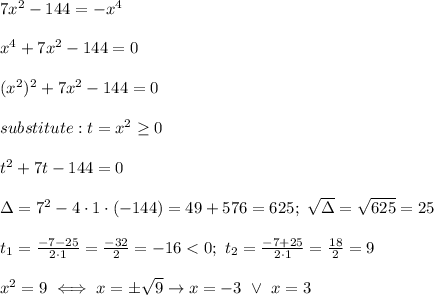 7x^2-144=-x^4\\\\x^4+7x^2-144=0\\\\(x^2)^2+7x^2-144=0\\\\substitute:t=x^2\geq0\\\\t^2+7t-144=0\\\\\Delta=7^2-4\cdot1\cdot(-144)=49+576=625;\ \sqrt\Delta=√(625)=25\\\\t_1=(-7-25)/(2\cdot1)=(-32)/(2)=-16 < 0;\ t_2=(-7+25)/(2\cdot1)=(18)/(2)=9\\\\x^2=9\iff x=\pm\sqrt9\to x=-3\ \vee\ x=3