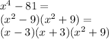 x^4-81=\\ (x^2-9)(x^2+9)=\\ (x-3)(x+3)(x^2+9)