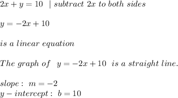 2x+y=10\ \ | \ subtract\ 2x\ to\ both\ sides \\\\y=-2x +10\\\\ is \ a \ linear \ equation\\\\The \ graph \ of \ \ y= - 2x +10 \ \ is \ a \ straight \ line. \\\\slope: \ m=-2 \\y-intercept: \ b=10