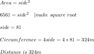Area= side^2\\\\ 6561=side^2\ \ \ | make\ square\ root\\\\ side=81\\\\ Circumference=4side=4*81=324m\\\\ Distance\ is\ 324m