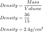 Density=(Mass)/(Volume)\\\\Density=(36)/(15)\\\\Density=2.4g/cm^3