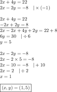 2x+4y=22 \\ 2x-2y=-8 \ \ \ |* (-1) \\ \\ 2x+4y=22 \\ \underline{-2x+2y=8} \\ 2x-2x+4y+2y=22+8 \\ 6y=30 \ \ \ |/ 6 \\ y=5 \\ \\ 2x-2y=-8 \\ 2x-2 * 5=-8 \\ 2x-10=-8 \ \ \ |+10 \\ 2x=2 \ \ \ |/ 2 \\ x=1 \\ \\ \boxed{(x,y)=(1,5)}