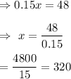 \Rightarrow 0.15x=48\\\\\Rightarrow\ x=(48)/(0.15)\\\\=(4800)/(15)=320
