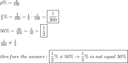 p\%=(p)/(100)\\\\(1)/(2)\%=((1)/(2))/(100)=(1)/(2)\cdot(1)/(100)=\boxed{(1)/(200)}\\\\50\%=(50)/(100)=(5)/(10)=\boxed{(1)/(2)}\\\\(1)/(200)\\eq(1)/(2)\\\\threfore\ the\ answer:\boxed{(1)/(2)\%\\eq50\%\to(1)/(2)\%\ is\ not\ equal\ 50\%}