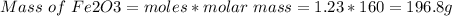 Mass\ of\ Fe2O3 = moles * molar\ mass = 1.23 * 160 = 196.8 g