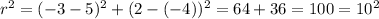 r^2 = (-3-5)^2 + (2-(-4))^2= 64 + 36 = 100 = 10 ^2