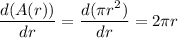 \displaystyle(d(A(r)))/(dr) = (d(\pi r^2))/(dr) = 2\pi r