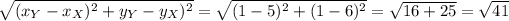 \sqrt{ ( x_(Y)- x_(X) )^(2)+y_(Y)- y_(X) )^(2) } = \sqrt{ (1-5 )^(2)+(1-6 )^(2) } = √( 16+25 ) = √(41)
