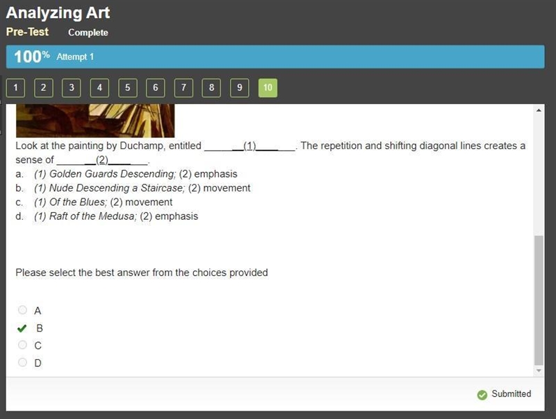 Look at the painting by Duchamp, entitled _______(1)_______. The repetition and shifting-example-1