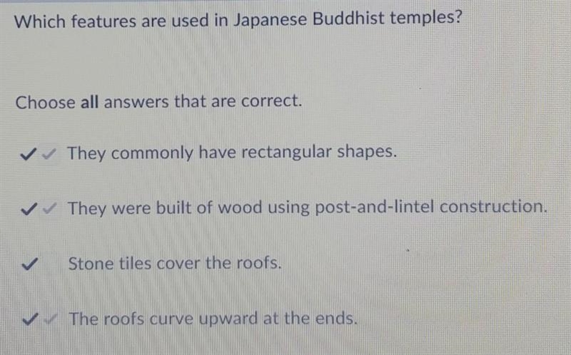 Which features are used in Japanese Buddhist temples? Choose all answers that are-example-1