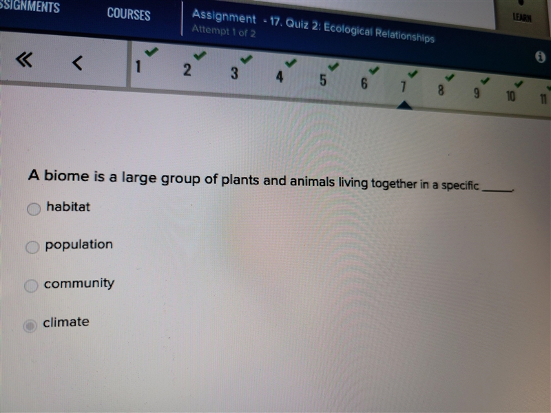 A biome is a large group of plants and animals living together in a specific _____-example-2