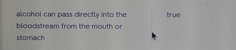 Alcohol can pass directly into the bloodstream from the mouth or stomach true or false-example-1