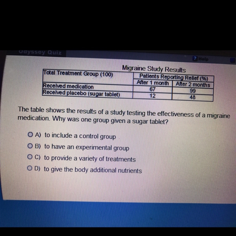 The table shows the results of the study testing the effectiveness of a migraine medication-example-1