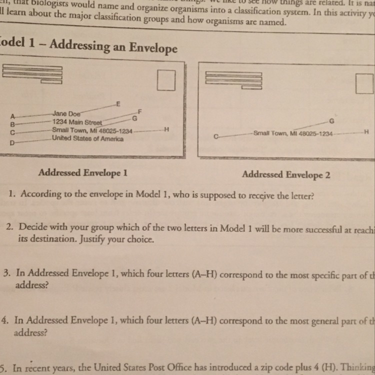 According to the envelope in Model 1, who is supposed to receive the letter?-example-1