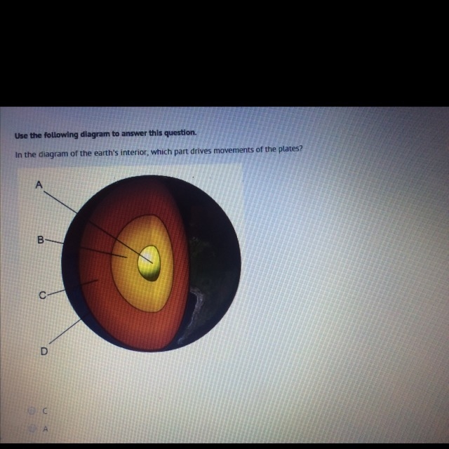 In the diagram of earths interior, which part drives movements of the plates? 1)C-example-1