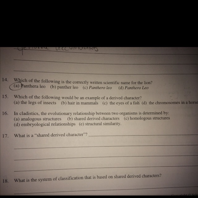 Which of the following would be an example of a derived character? (A) the legs of-example-1