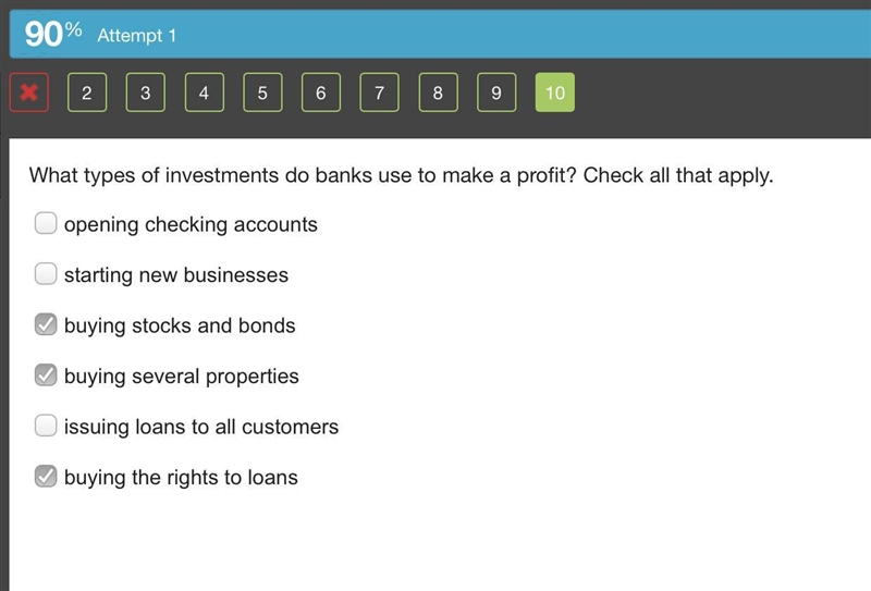 What types of investments do banks use to make a profit? Check all that applyopening-example-1