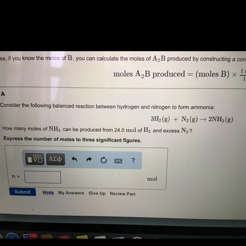 3H2(g) + N2(g)= 2NH3(g) How many moles of NH3 can be produced from 24.0 mol of H2 and-example-1