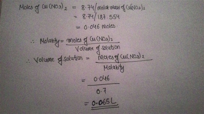 If 8.74 g of CuNO3 is dissolved in water to make a 0.700 M solution, what is the volume-example-1