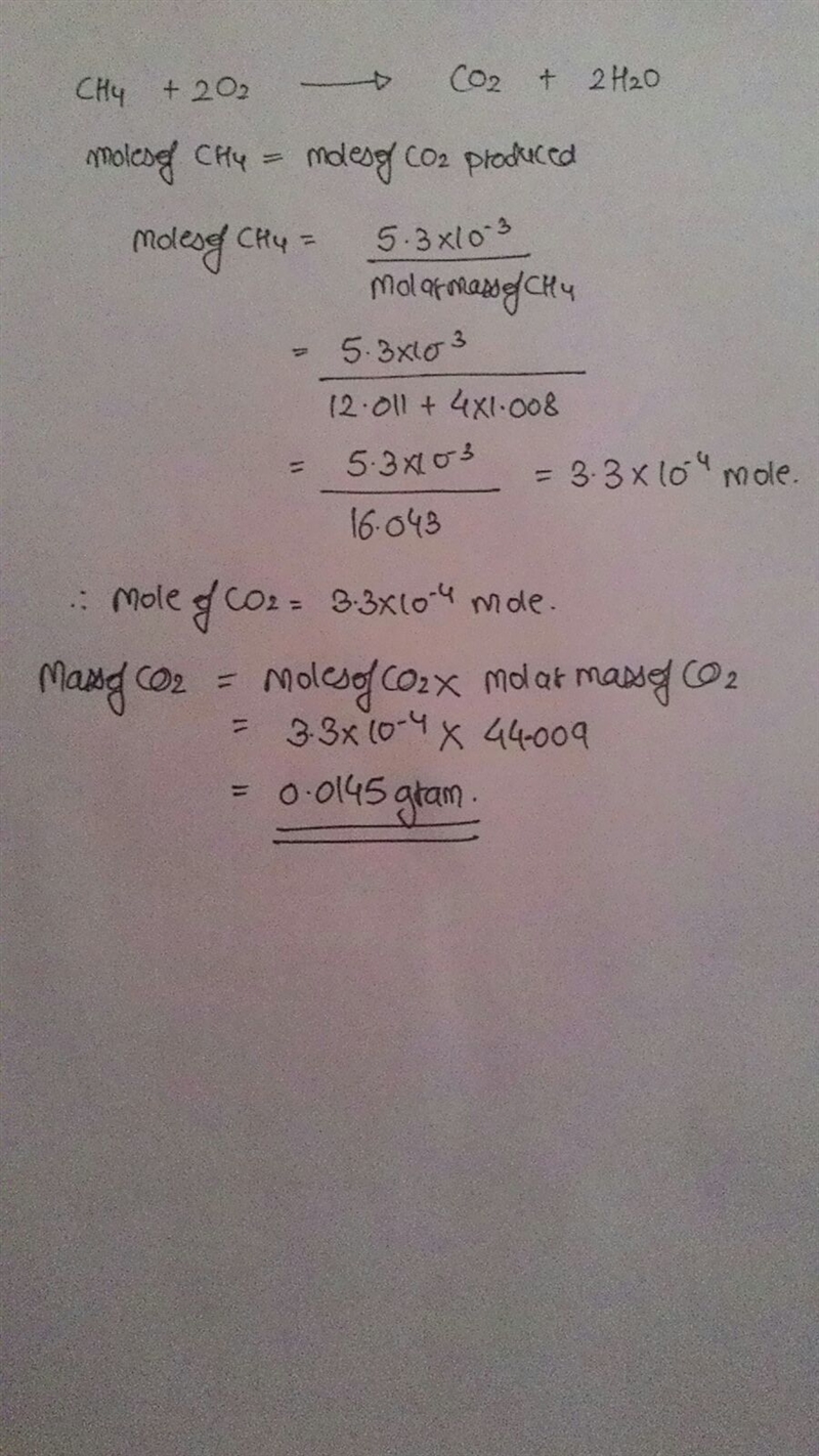 What mass of carbon dioxide is produced from the complete combustion of 5.30x10-3 g-example-1