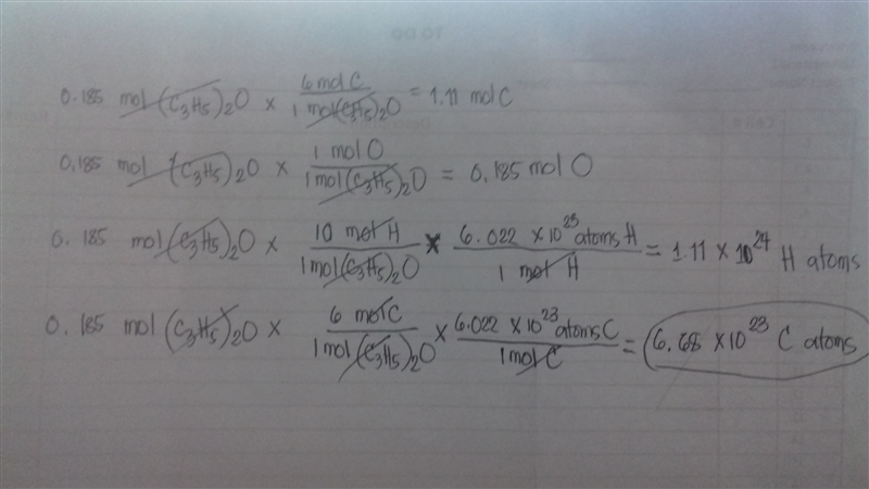 How many atoms of c are in 0.185 mol of (c3h5)2o?-example-1