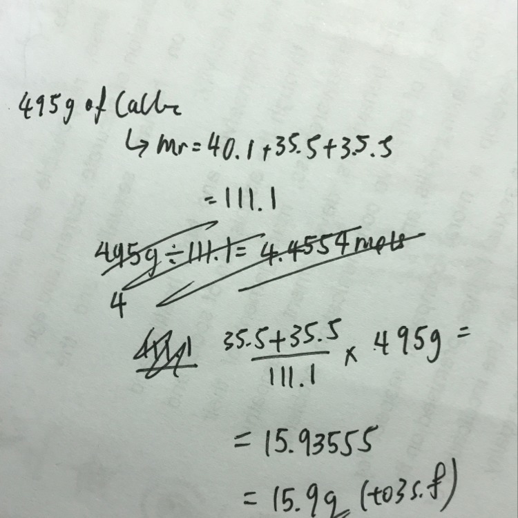 How many grams of Cl are in 495 g of CaCl2?-example-1