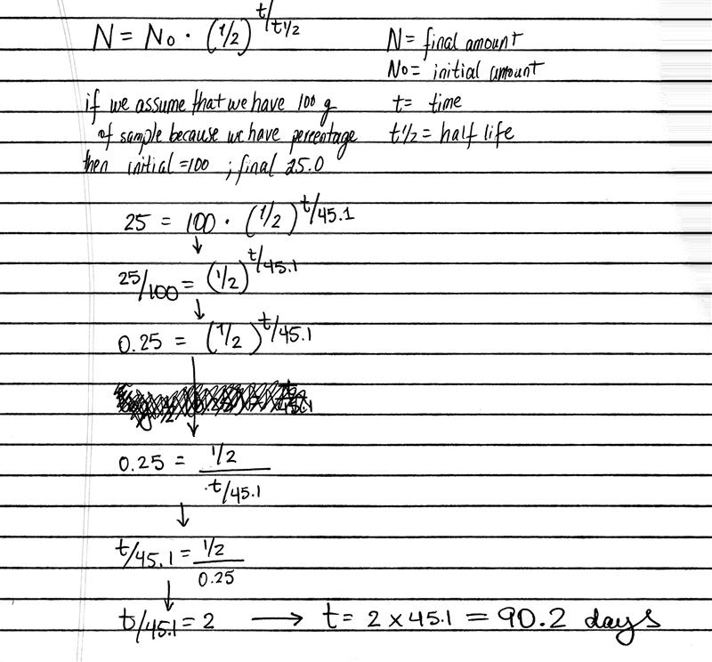 Iron-59 has a half-life of 45.1 days. how old is an iron nail if the fe-59 content-example-1