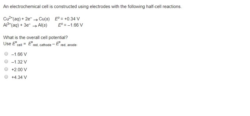 An electrochemical cell is constructed using electrodes with the following half-cell-example-1