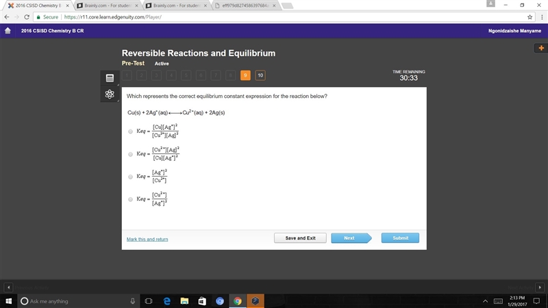 Which represents the correct equilibrium constant expression for the reaction below-example-1