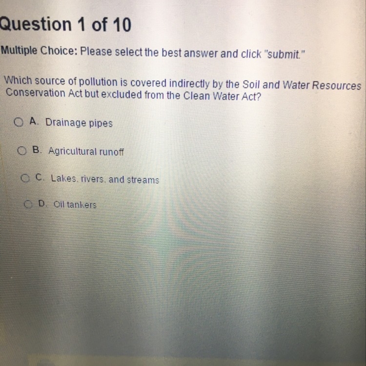 Which source of pollution is covered indirectly by the soil and water resources conservation-example-1