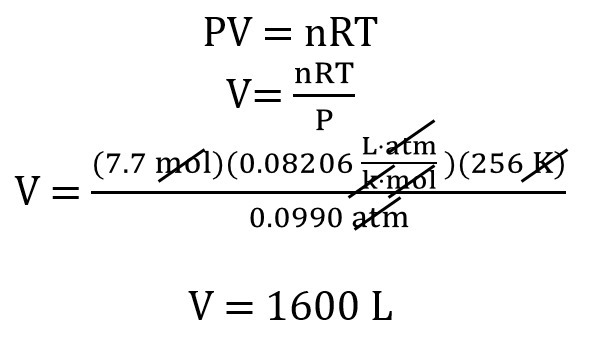 If I have 7.7 moles of gas at a pressure of 0.0990 ATM and at a temperature of 256 K-example-1