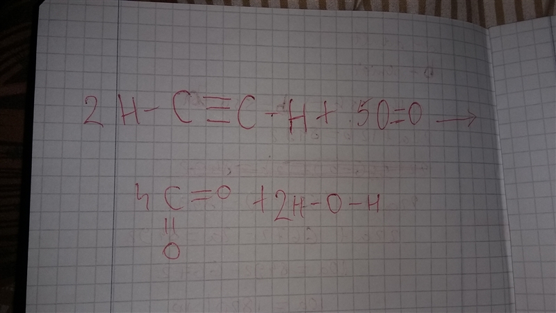 Draw the molecules for the following reaction: 2C2H2 (g) + 5O2 (g)  4CO2 (g) + 2H-example-1