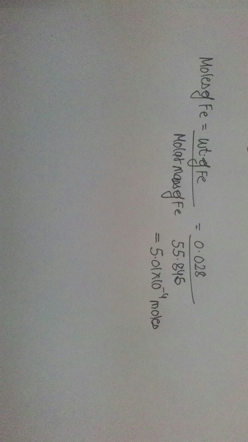 How many moles are there in .028g of Fe?-example-1