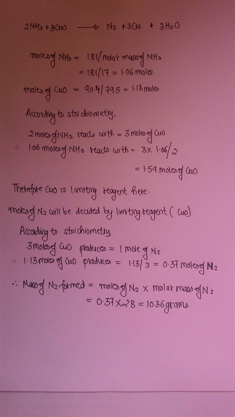 Ammonia reacts with copper(ll)oxide to give nitrogen gas, copper and steam. Balance-example-1