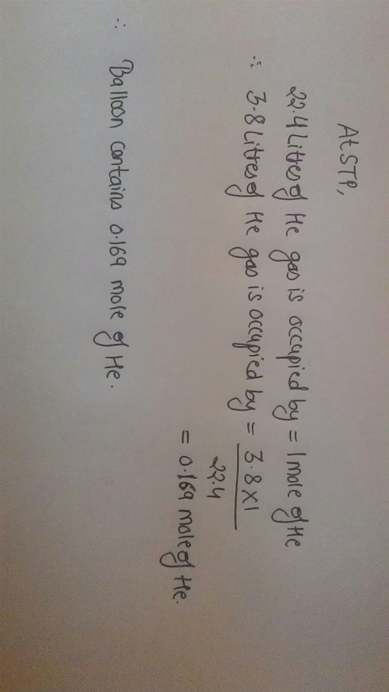 A balloon is filled with 3.8 l of helium gas at stp. approximately how many moles-example-1