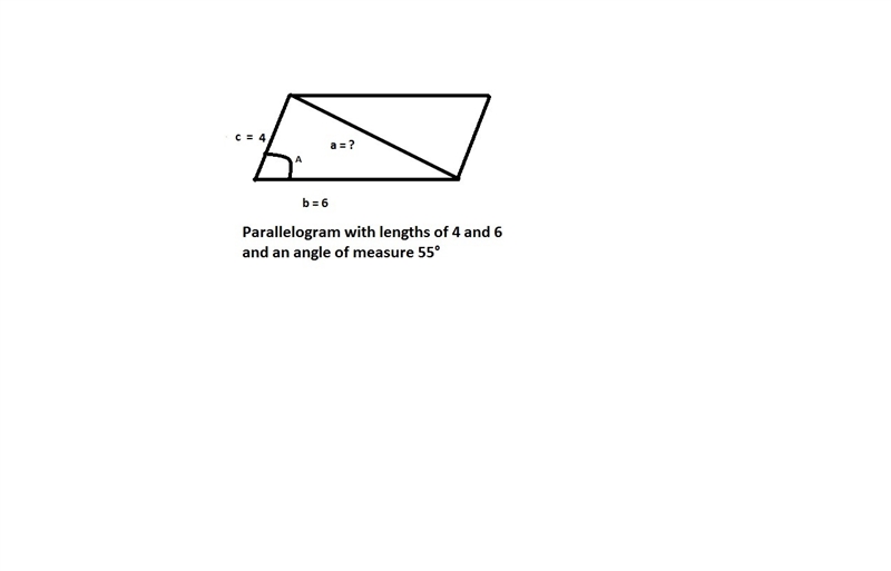 A parallelogram has side lengths of 4 and 6 and an angle of measure 55°. Law of cosines-example-1