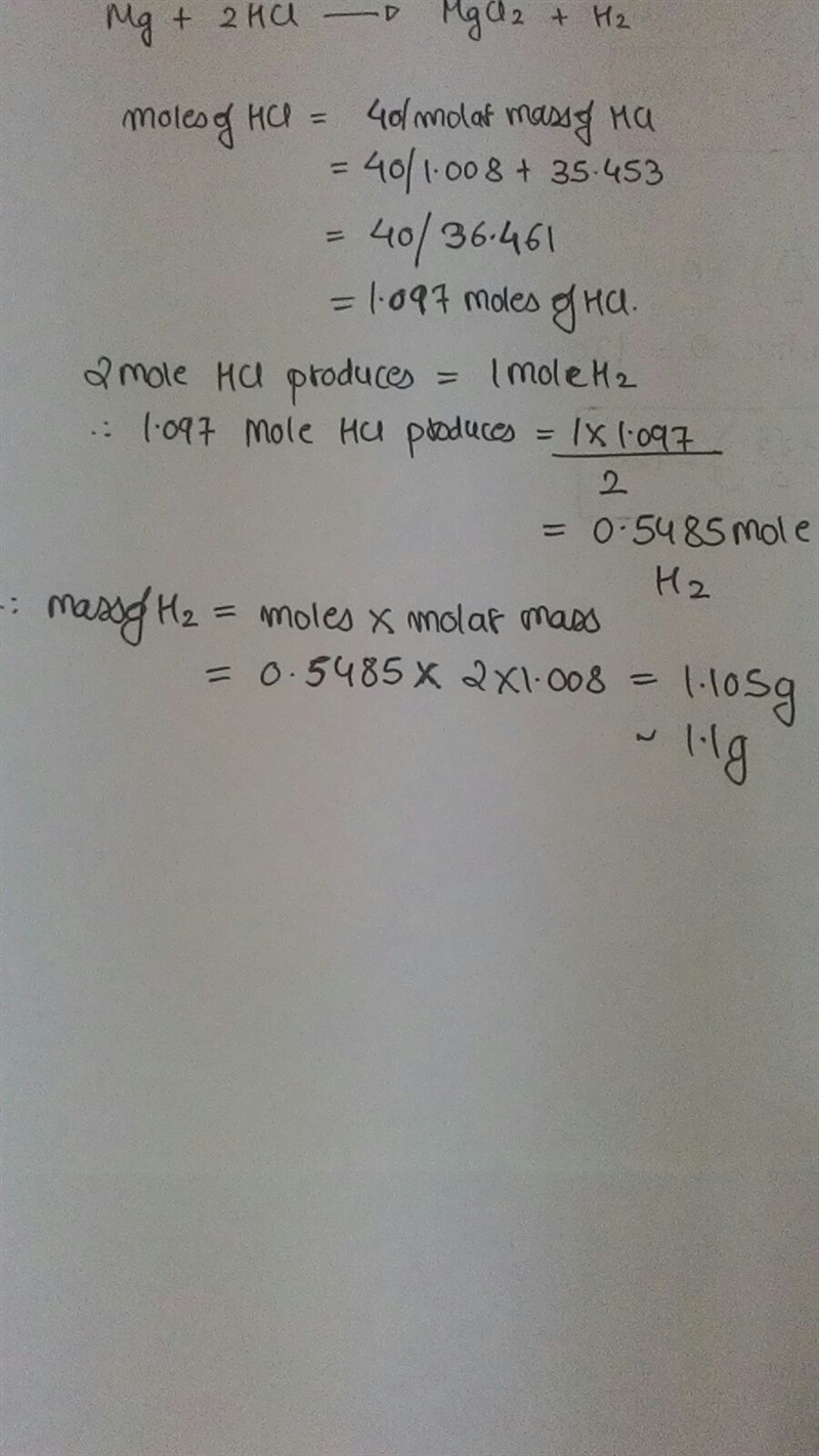 If 40.0 g of HCl react with an excess of magnesium metal, what is the theoretical-example-1