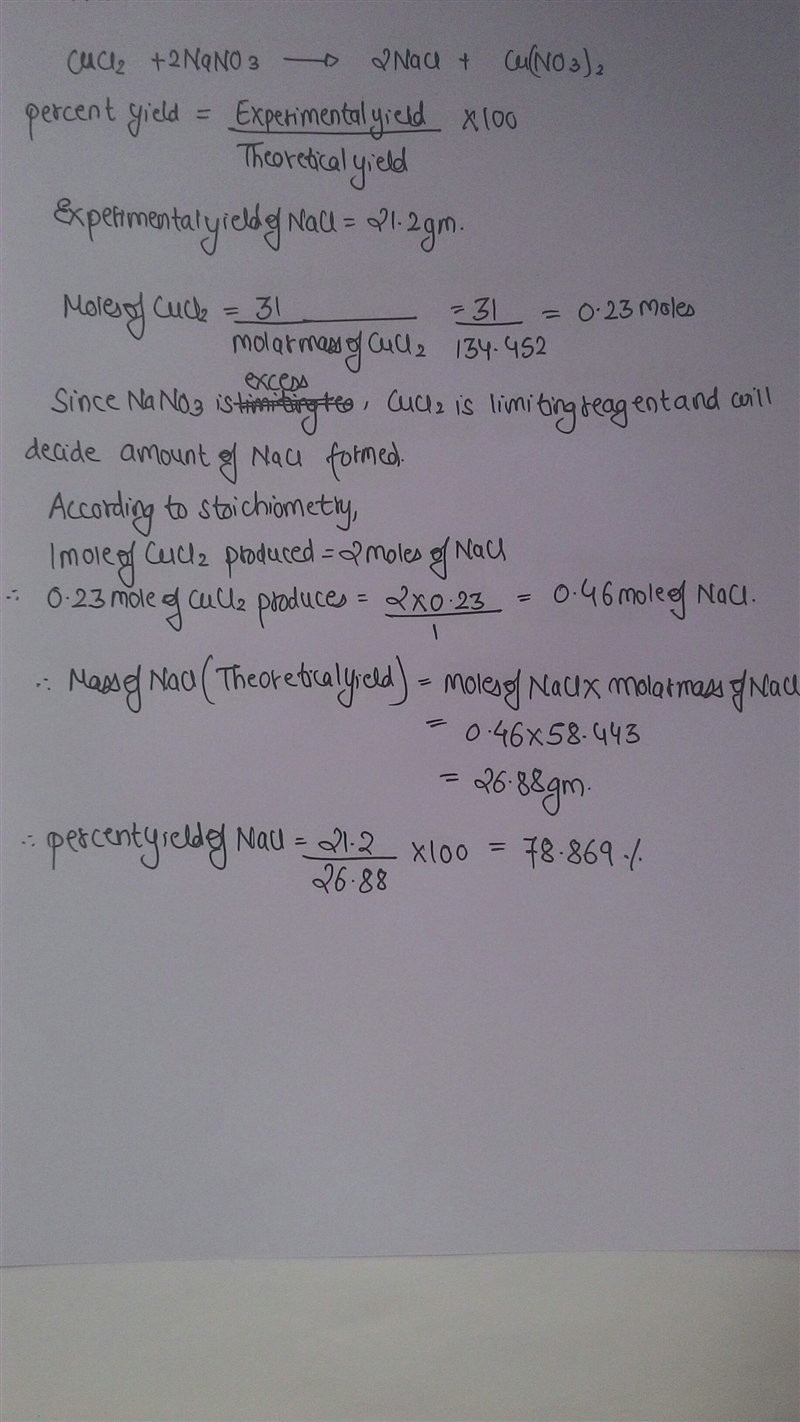 What is the percent yield of nacl if 31.0 g of cucl2 reacts with excess nano3 to produce-example-1