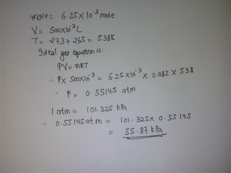 A sample of gas contains 6.25 × 10-3 mol in a 500.0 mL flask at 265°C. What is the-example-1