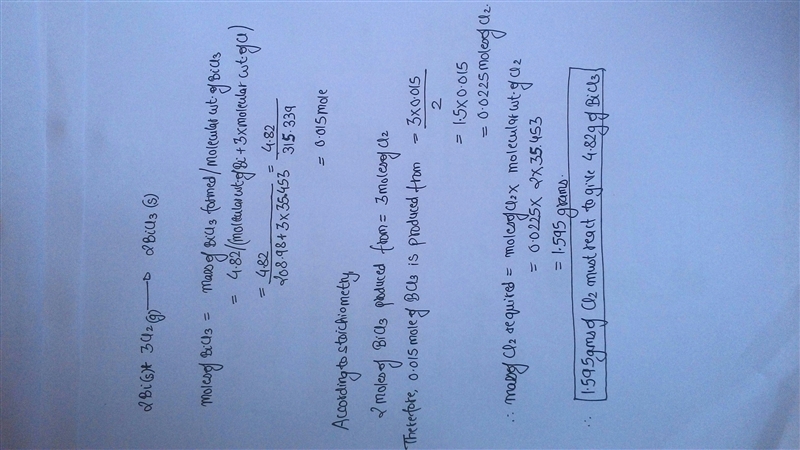 How many grams of chlorine gas must react to give 4.82g of BiCl3? 2Bi(s)+3Cl2( g.→2BiCl-example-1