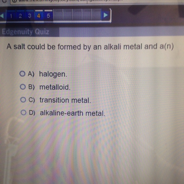 A salt could be formed by an alkali metal and a(n)?-example-1