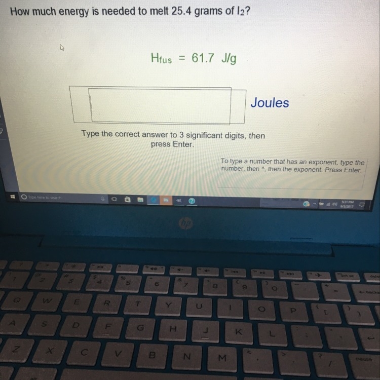 How much energy is needed to melt 25.4 grams of I2? Hfus=61.7 J/g Type the correct-example-1