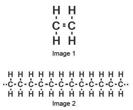 Which best describes what is represented by images 1 and 2? Image 1 shows a polymer-example-1