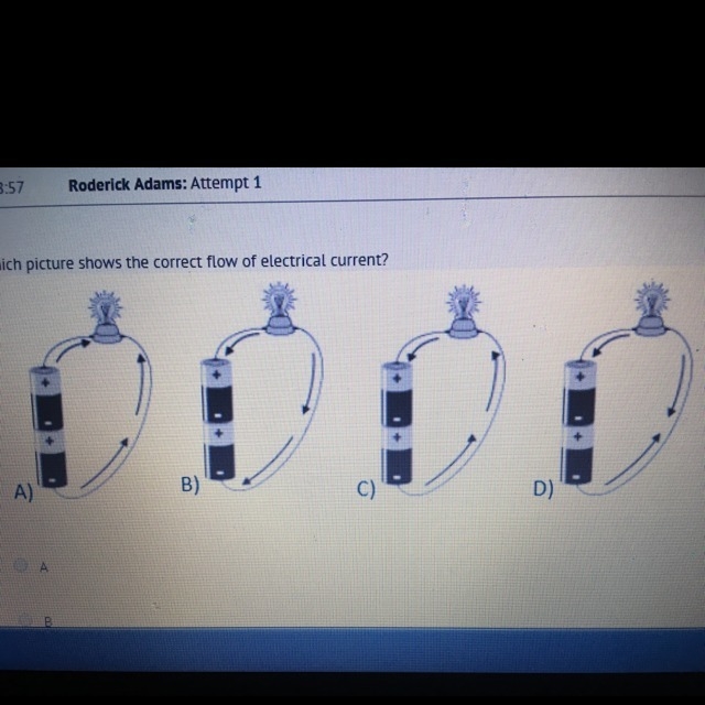 Which picture shows the correct flow of electrical current-example-1