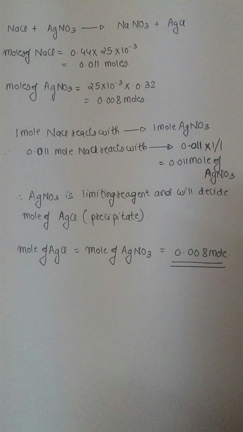 If 25.0 mL of 0.440 M NaCl is added to 25.0 mL of 0.320 M AgNO3, what product would-example-1