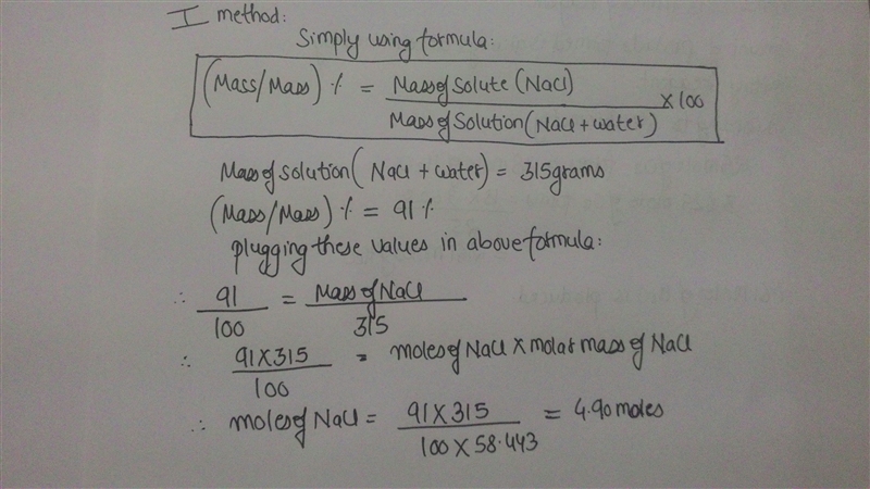 How many moles of sodium chloride (NaCl) solute are in 315 grams of a 91.0 percent-example-2