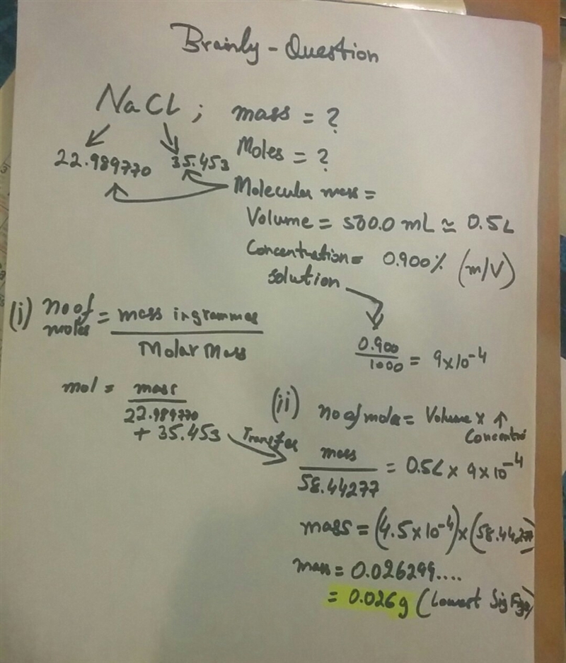 Calculate the mass in grams of NaCl that is present in 500.0 mL of a 0.900% (m/V) solution-example-1