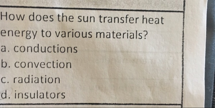 How does the sun transfer heat energy to various materials?-example-1