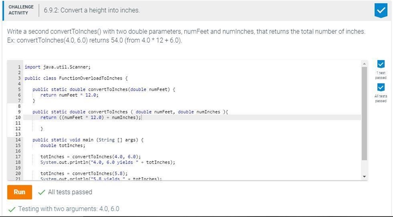 Write a second converttoinches() with two double parameters, numfeet and numinches-example-1