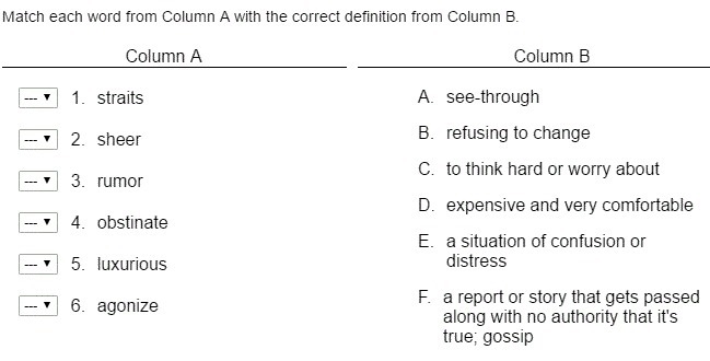 Match each word from Column A with the correct definition from Column B.-example-1